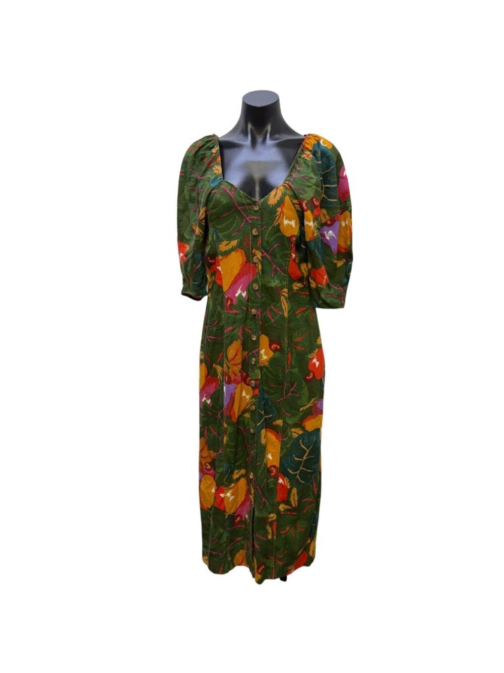 Farm Rio Linen Blend Button-Front Midi Dress Green & Orange Size S